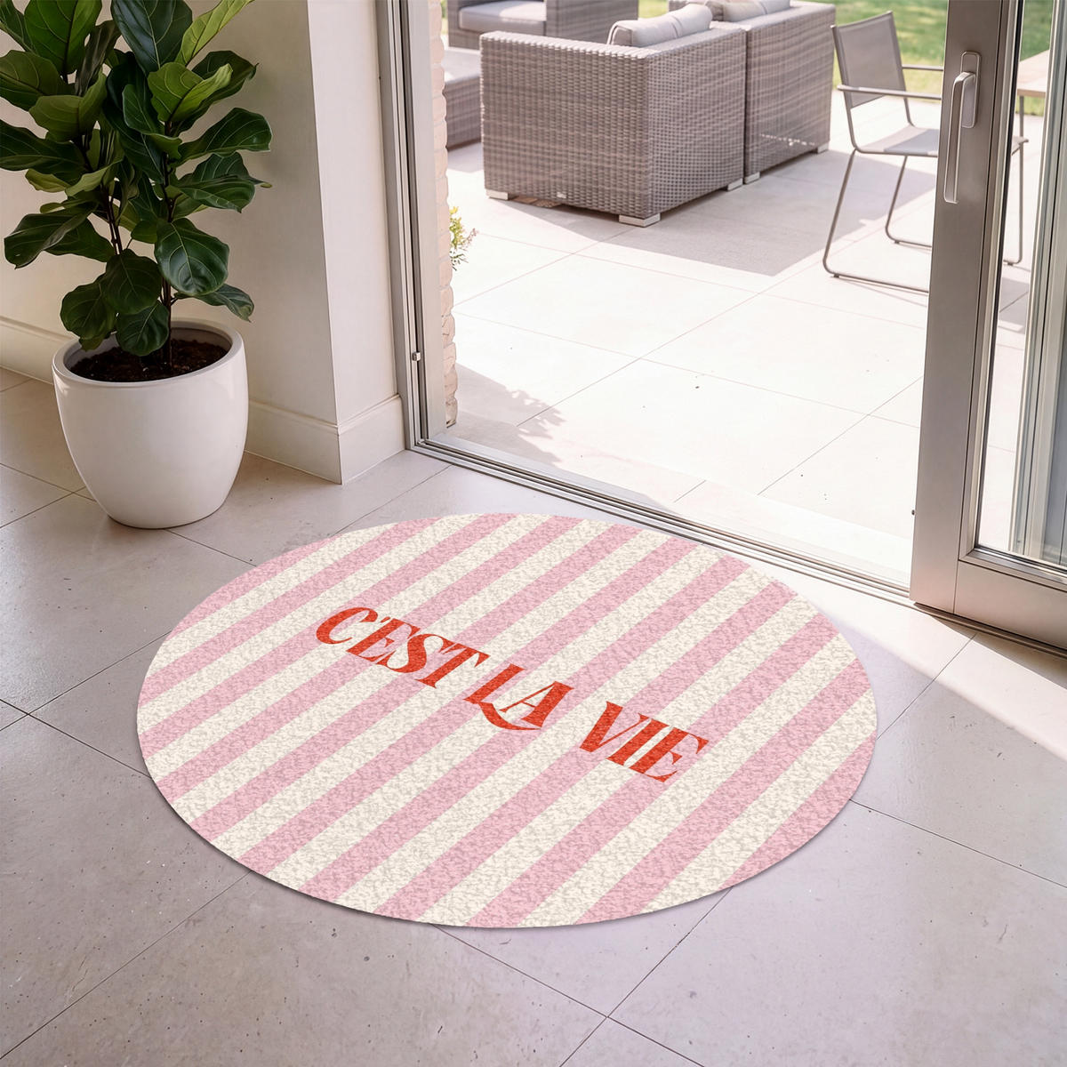 FUSSMATTE Zartrosa – Rot – Streifen – C'est La Vie 120x120 cm - Rosa, Kunststoff (120/0.4cm) - MuchoWow