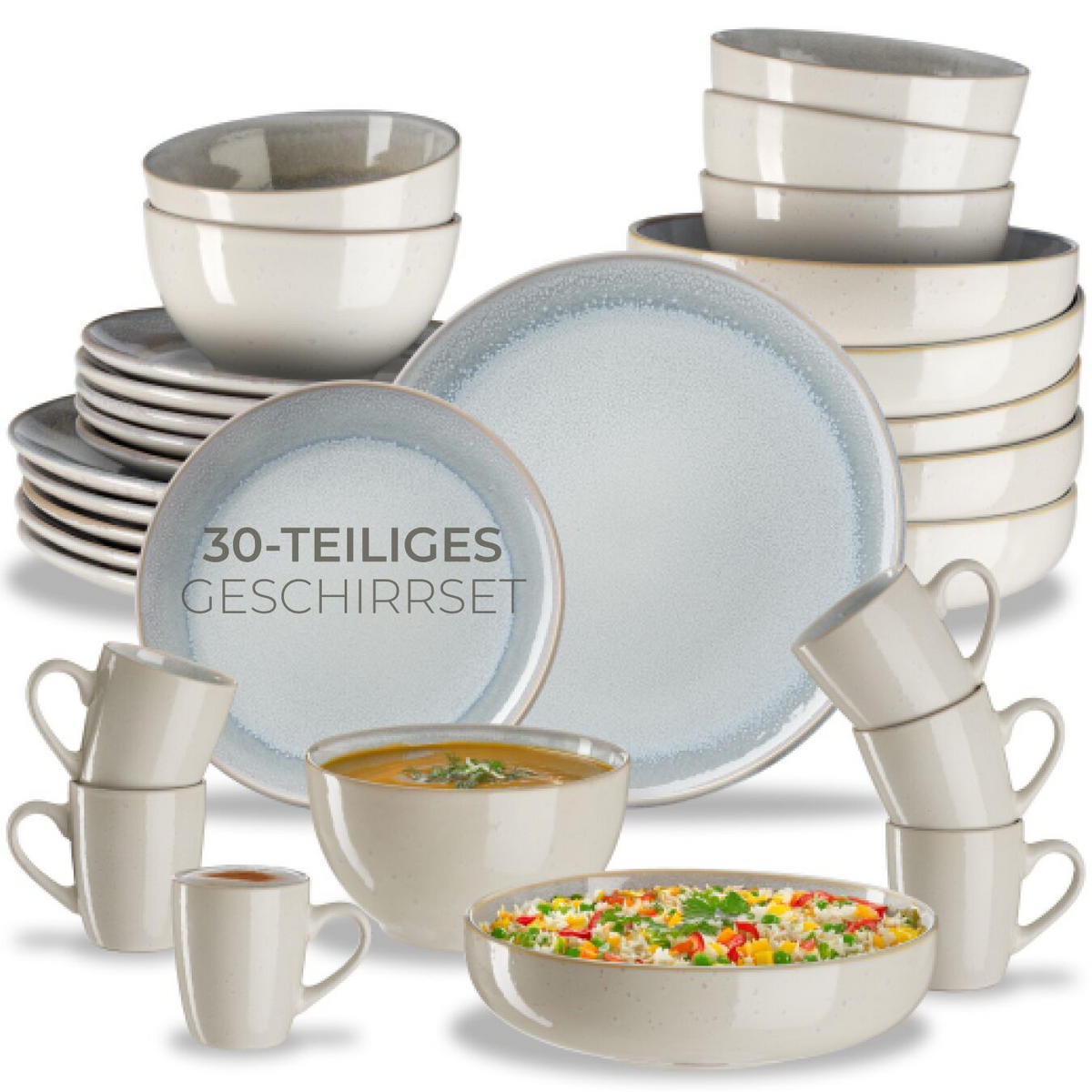 KOMBISERVICE Mare, ineinander stapelbar, Sand - Sandfarben, Keramik (26.5/2.5/26.5cm) - tectake