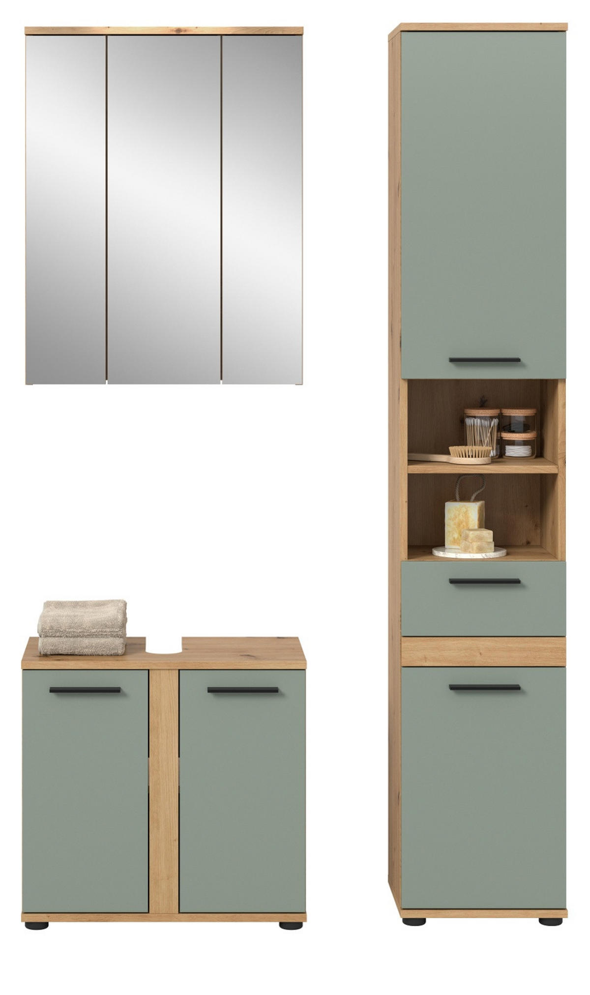 BADMÖBEL-SET Salbei grün, Eiche Artisan 112 cm 3-teilig, Badkombination in modernem Design - Salbeigrün/Schwarz, Glas/Holzwerkstoff (112/191/34cm) - Inn.Furn