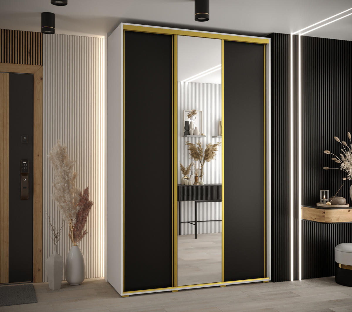 SCHWEBETÜRENSCHRANK 235,2/150/45 3-türig - Goldfarben/Schwarz, Holz/Metall (150/235/45cm) - Abiks Möbel