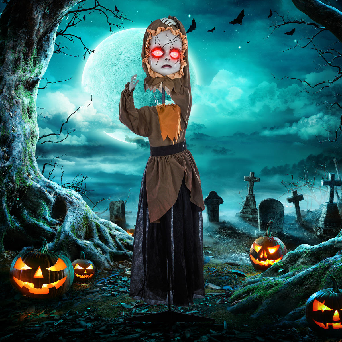 HALLOWEEN-DEKORATION Horrorpuppe 160 cm mit roten Augen, Geräuschaktivierung - Schwarz, Textil (18/160/60cm) - HOMCOM