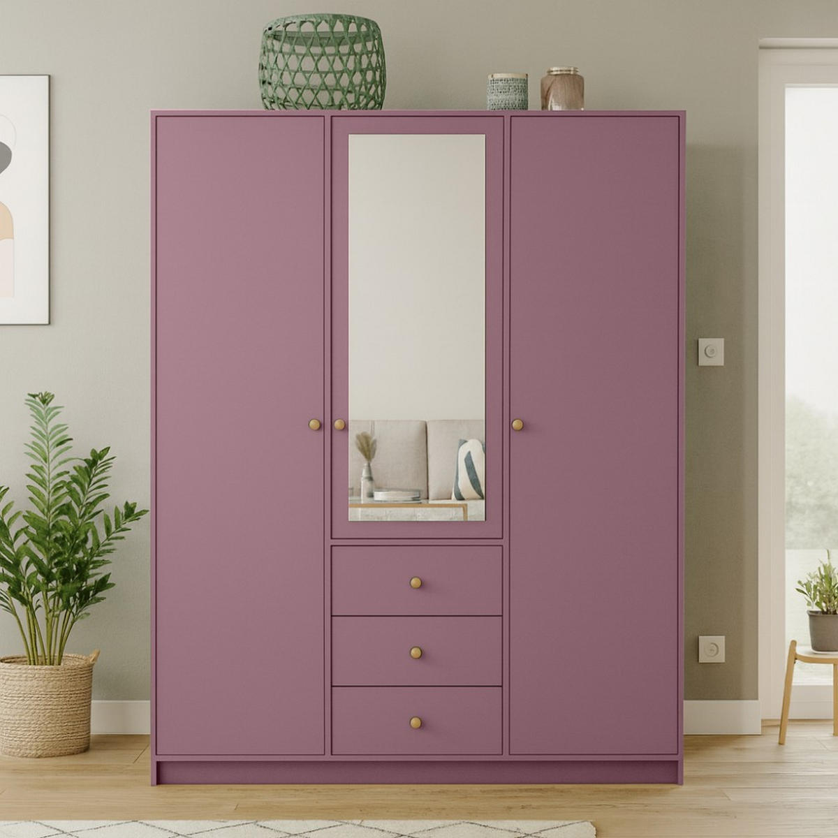 DREHTÜRENSCHRANK Solea Lux mit 3 Türen und 3 Schubladen, Pflaume - Pflaume/Goldfarben, Holzwerkstoff (150/200/57.5cm) - Beautysofa