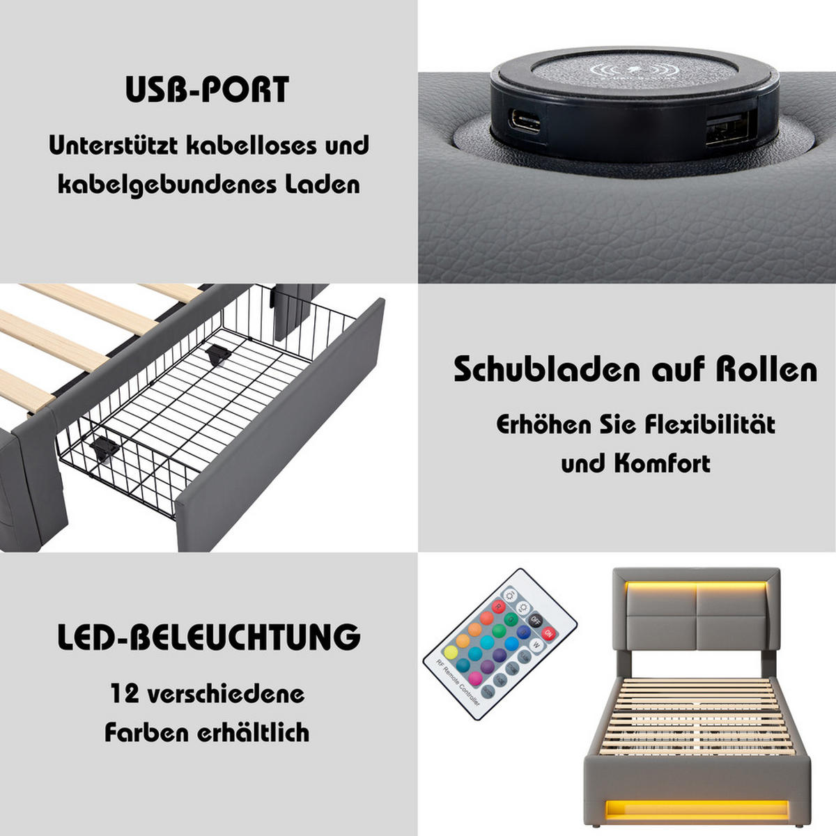 POLSTERBETT PU-Leder 90x200cm LED USB Stauraum - Schwarz, Textil - Raelunyi