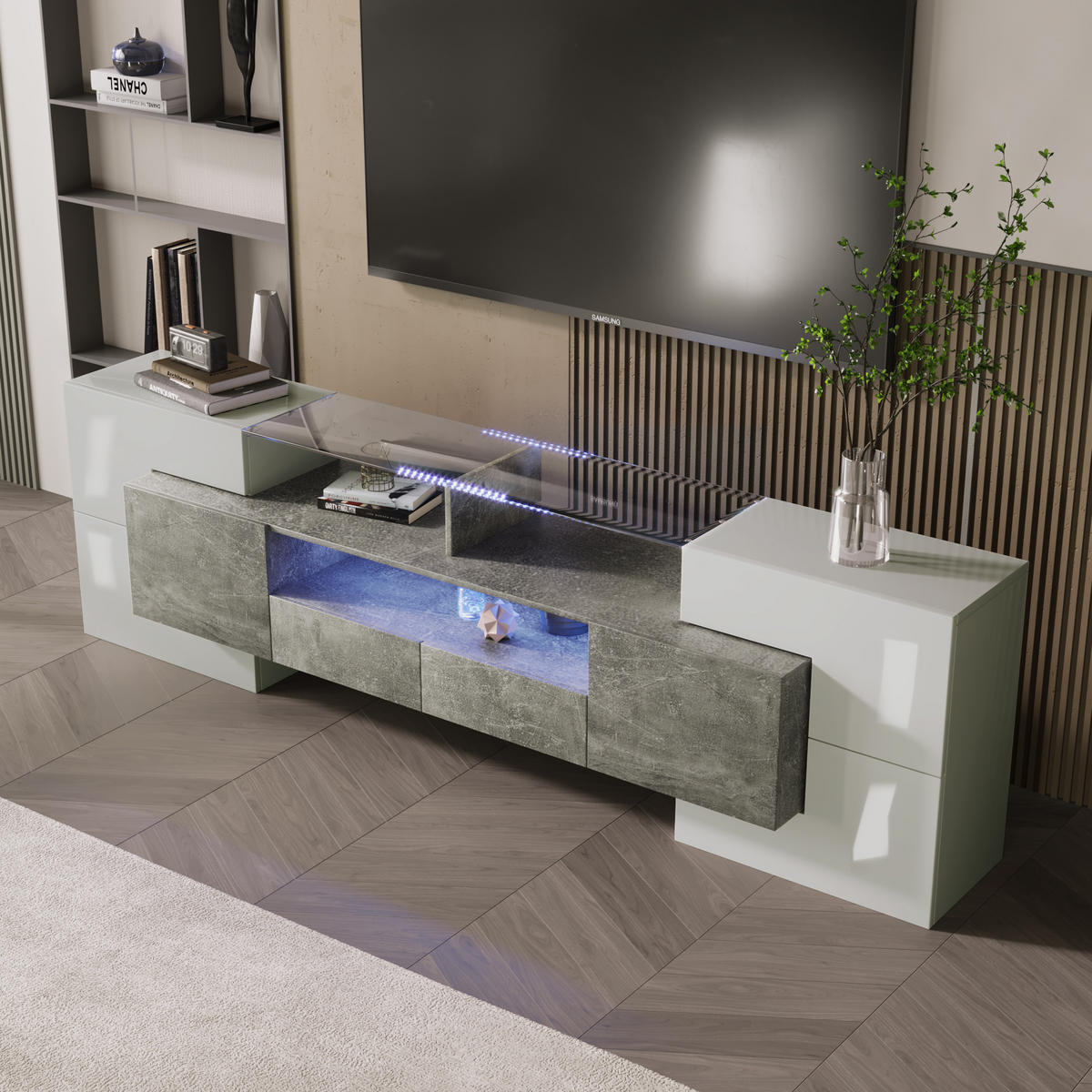 TV-LOWBOARD 200 cm Hochglanz LED weiß - Grau, Holz (200/60/35cm) - Fortuna Lai