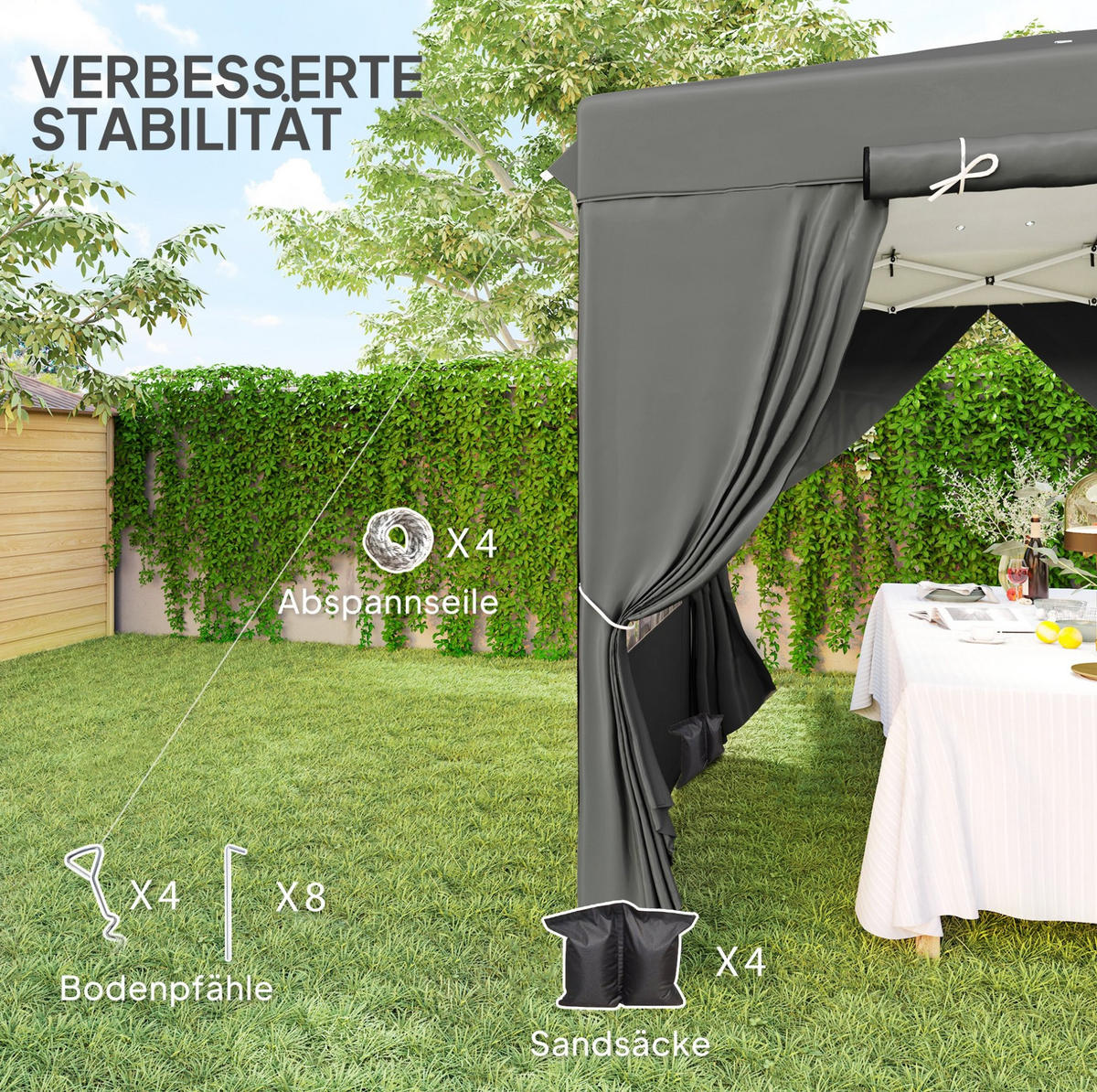 FALTPAVILLON 250/250/268 cm höhenverstellbar mit 4 Seitenteilen, UV-Schutz und Rolltasche aus Polyester, Dunkelgrau - Dunkelgrau, Textil (250/268/250cm) - Redom