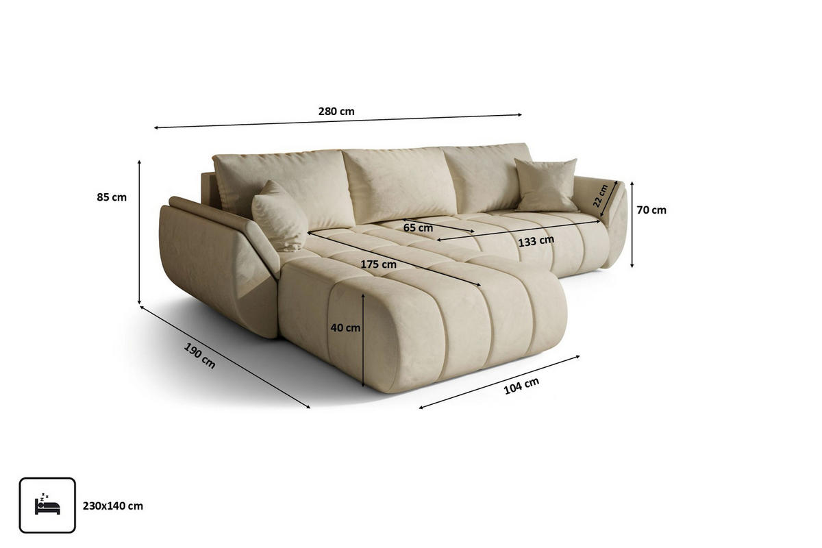 ECKSOFA TOKYO PREMIUM mit Schlaffunktion, Stoff MONOLITH, Ecru, Links - Ecru, Holz (280/190cm) - Kaiser Möbel