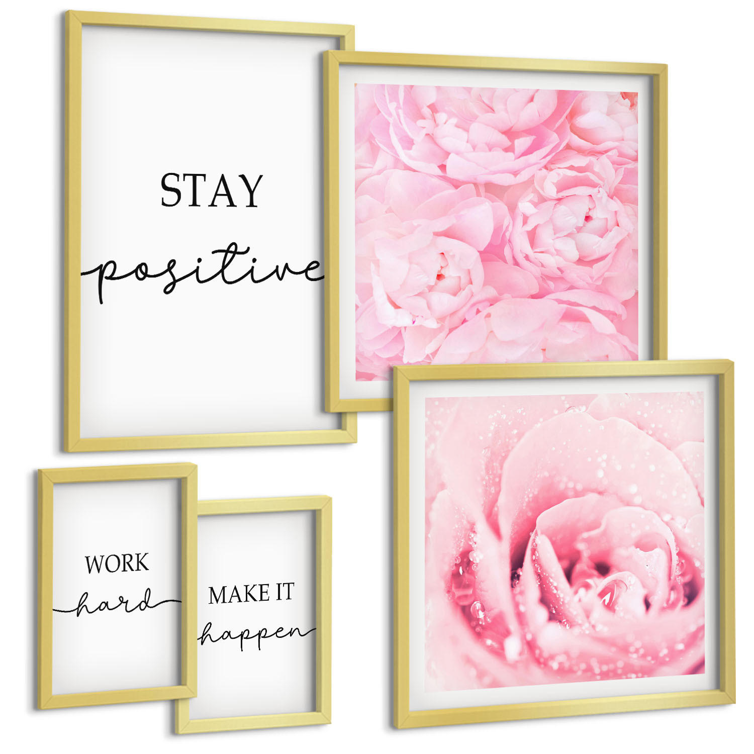 BILDER SET 5er Set - 50x50 cm & 20x30 cm & 40x60 cm Goldrahmen - Minimalistische rosa Blüten - Goldfarben, Kunststoff (40/60cm) - TULUP