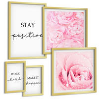 BILDER SET 5er Set - 50x50 cm & 20x30 cm & 40x60 cm Goldrahmen - Minimalistische rosa Blüten - Goldfarben, Kunststoff (40/60cm) - TULUP