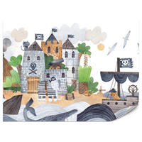 FOTOTAPETE für Kinderzimmer Märchen Piratenfestung Schiff Meereswellen 100x70 - Blau/Beige, Papier (100/70cm) - Muralo