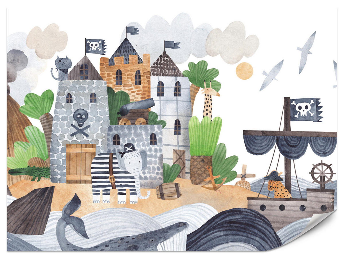 FOTOTAPETE für Kinderzimmer Märchen Piratenfestung Schiff Meereswellen 100x70 - Blau/Beige, Papier (100/70cm) - Muralo