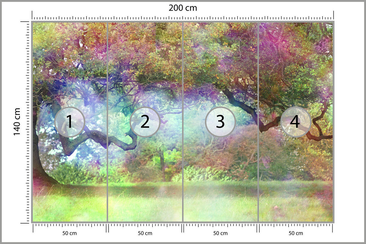 FOTOTAPETE für Kinderzimmer Magischer Bunter Wald Bäume Sträucher Blätter Pflanzen 200x140 - Gelb/Rot, Papier (200/140cm) - Muralo