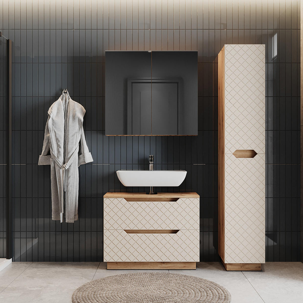 BADMÖBEL-SET Lotta Eiche/Kaschmir mit Kachelstruktur 3 Teile - Kaschmir/Eichefarben, Holzwerkstoff (79.6/62.5/32cm) - Vicco
