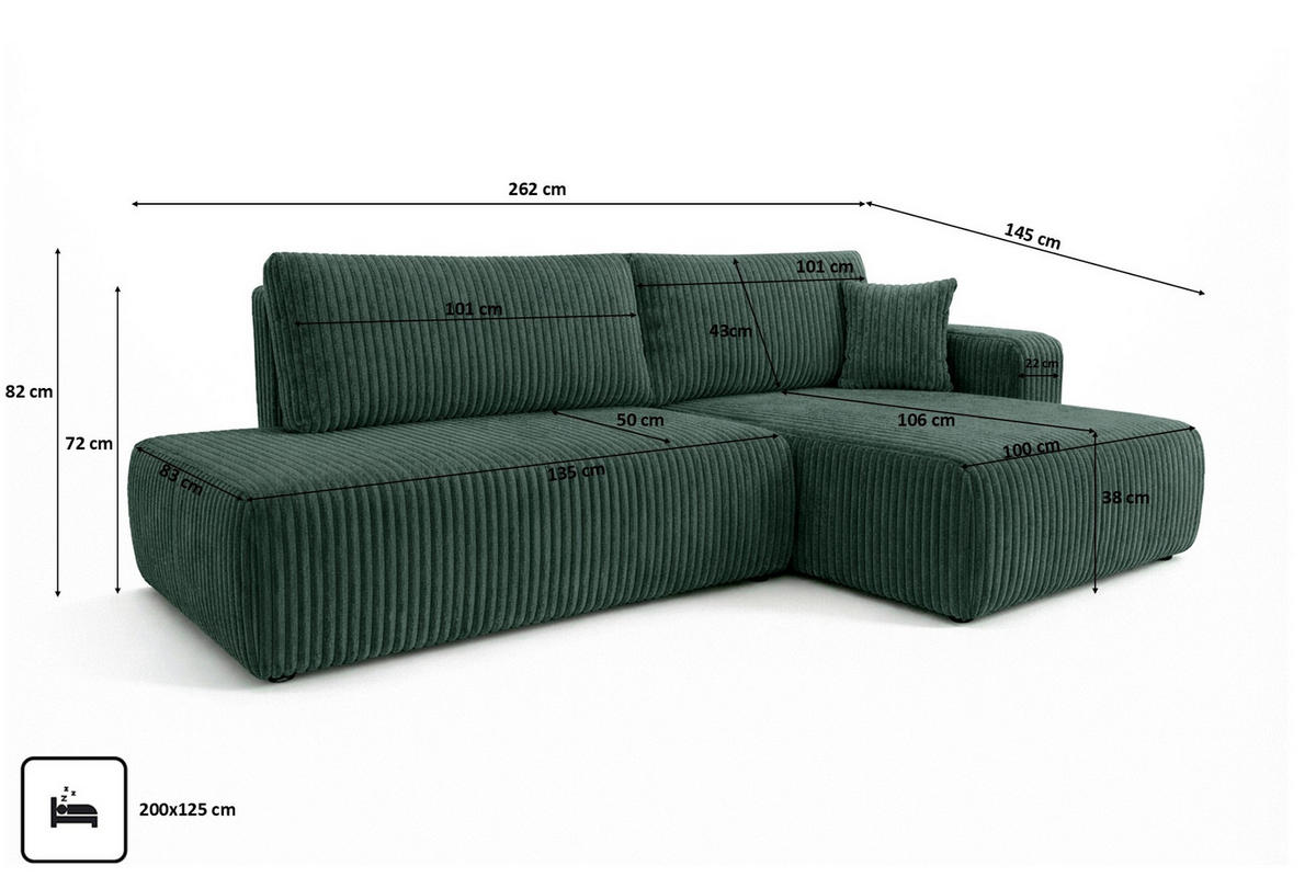 ECKSOFA Mit Schlaffunktion Und Bettkasten, Cordstoff Tilia, Grün, Rechts, OPEN XL - Grün, Holz (262/145cm) - Kaiser Möbel