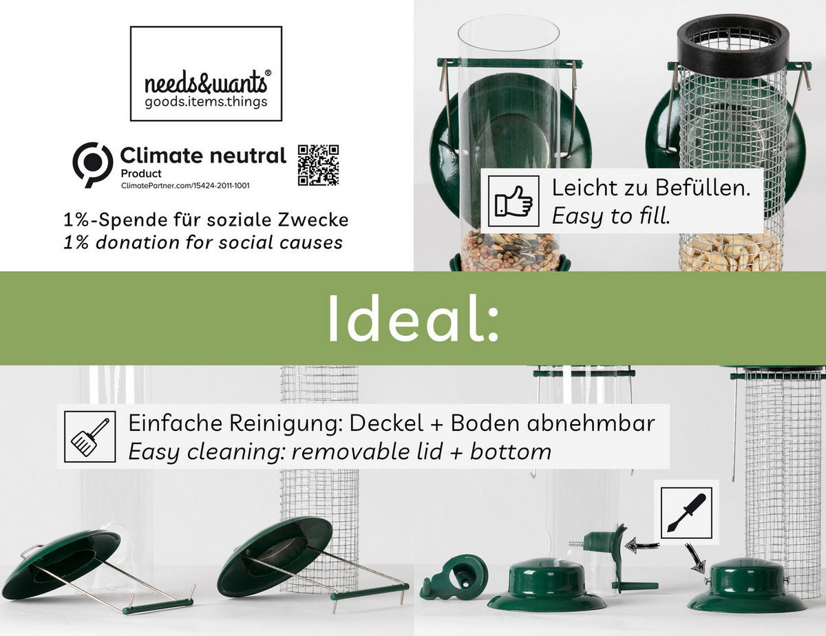 VOGELFUTTERSPENDER 2er Set aus Metall & Edelstahl - Grün, Metall (10/22.5/10cm) - needs&wants