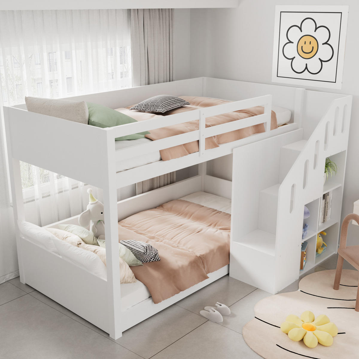 ETAGENBETT Kinderbett 90/200 cm aus Kiefer/MDF mit Stauraumtreppe und Schließfächern Weiß - Weiß, Holz (90/200cm) - Modenvie