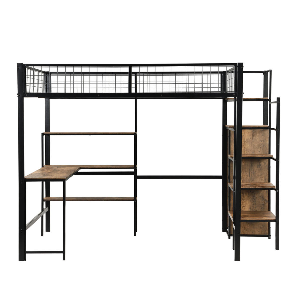 HOCHBETT 140/200 cm mit Schreibtisch, Regalen und Kleiderschrank in Schwarz/Braun - Schwarz, Metall (140/200cm) - BEAOK