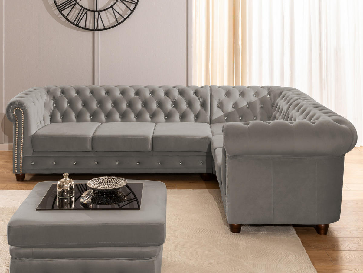 ECKSOFA mit Schlaffunktion Chesterfield Grau Samt mit Kristallsteppung und braunen Massivholzfüßen - Ottomane Rechts - Braun/Grau, Holz/Textil (264/210cm) - S-Style Möbel