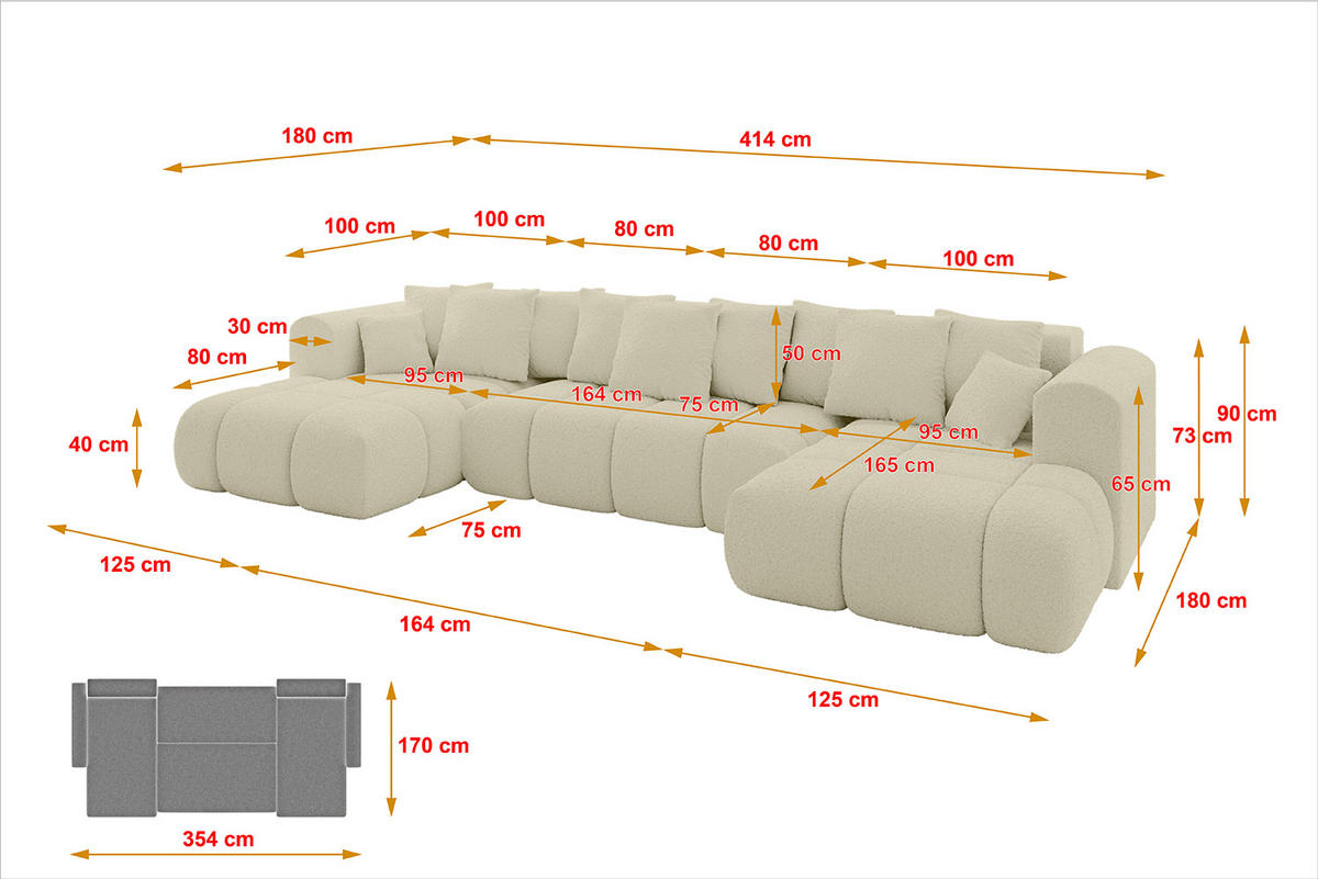 WOHNLANDSCHAFT Ottomane Links CLOUD-U-v1 414x180x40 Beige Bouclé - Beige, Holzwerkstoff/Kunststoff (414/90/180cm) - ALTDECOR