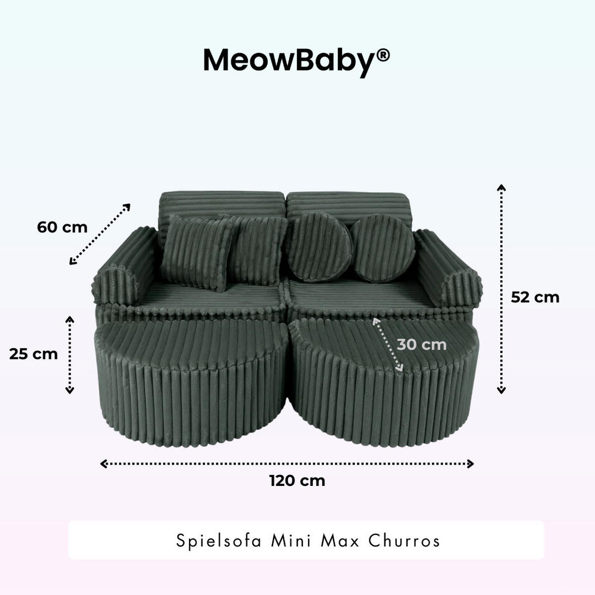 KINDERSOFA Pocket Max modular 12-tlg. aus Plüschcord in Salbeigrün - Olivgrün, Textil (120/25/60cm) - MeowBaby