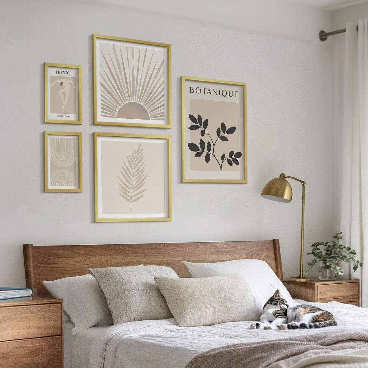 BILDER SET 5er Set - 50x50 cm & 20x30 cm & 40x60 cm Goldrahmen - Abstrakte Poster im Boho-Stil in Pastellfarben - Goldfarben, Kunststoff (40/60cm) - TULUP