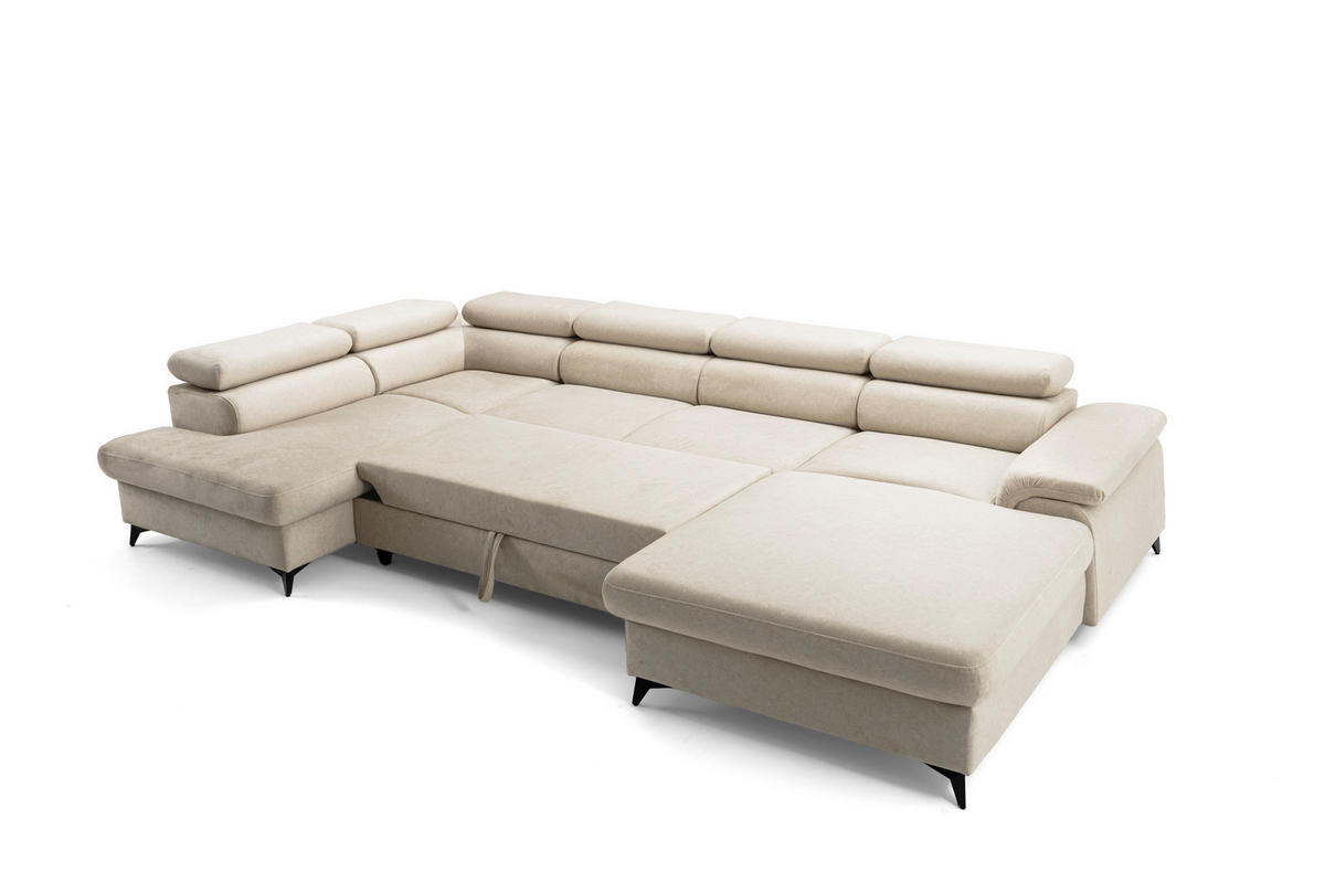 ECKSOFA U-Form PLAZA U Links mit Schlaffunktion 125x256 Velours Beige - Beige/Schwarz, Holz/Kunststoff (350/95/210cm) - Muffo