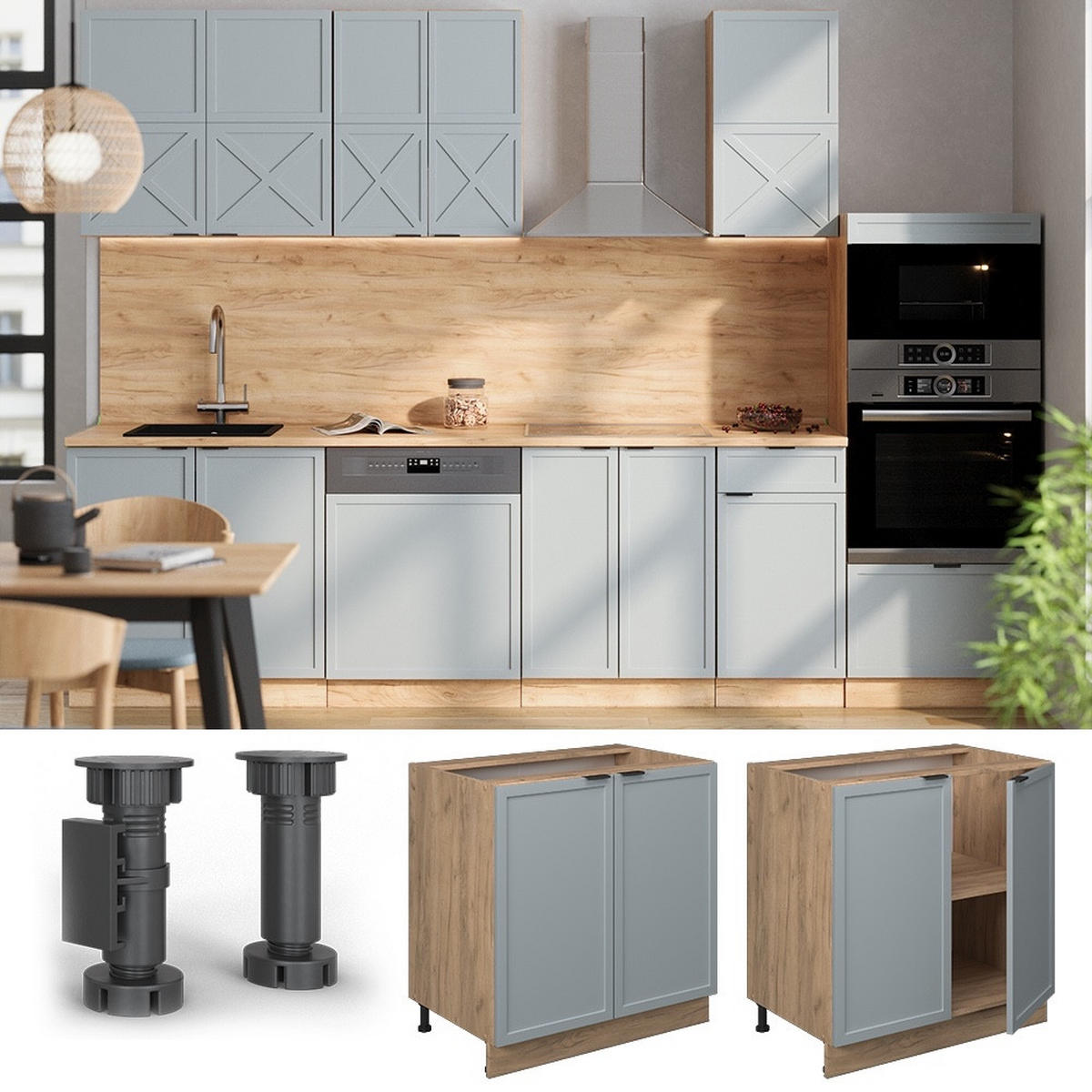 KÜCHENUNTERSCHRANK Fame-Line Hellblau-grau 80 cm mit Regal, AP Eiche - Honigeiche/Hellblau, Holzwerkstoff (80/82/60cm) - Vicco