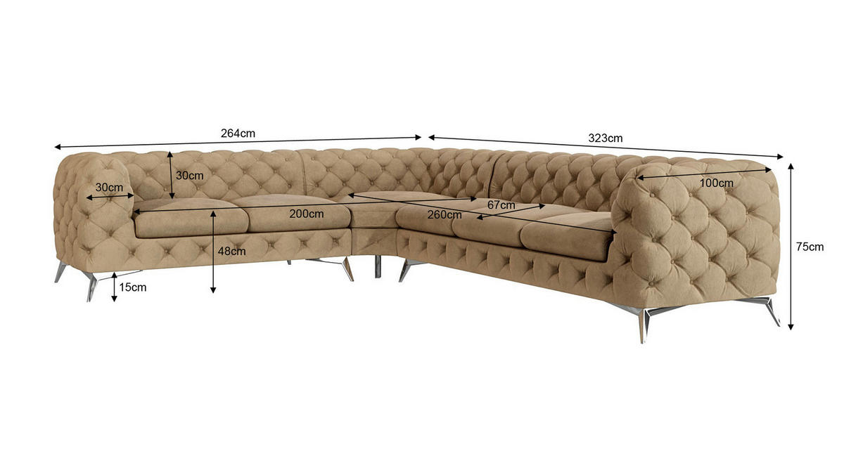 ECKSOFA Chesterfield Laura Beige Samt - Beige/Silberfarben, Holz/Textil (323/264cm) - S-Style Möbel