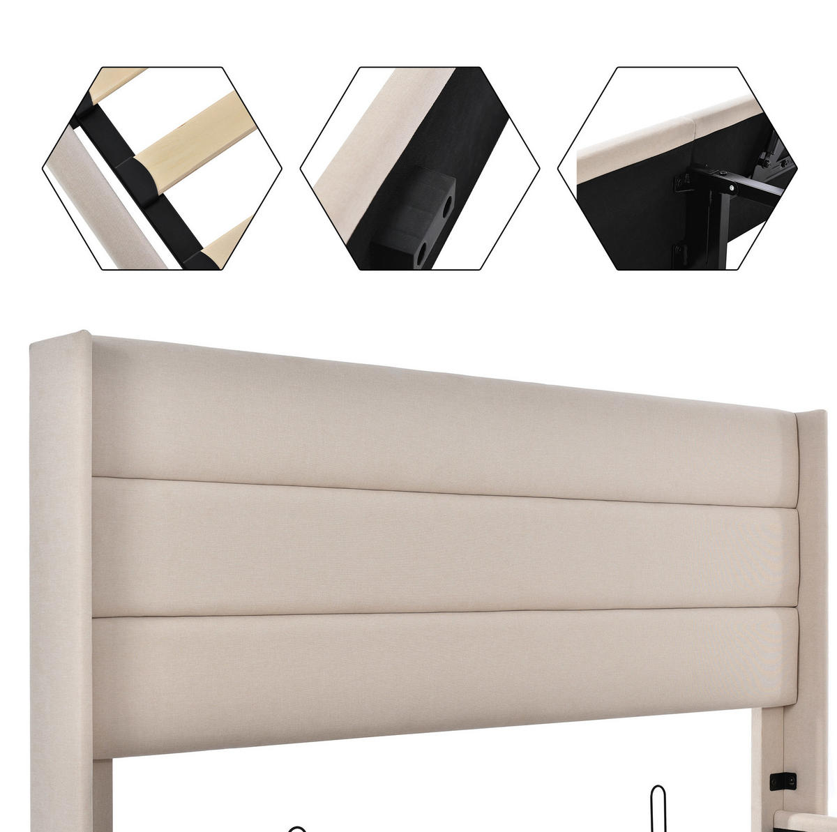POLSTERBETT 180/200 cm mit hydraulischem Bettkasten, gepolstertem Kopfteil und Leinenbezug, Beige - Beige, Textil (180/180cm) - Redom