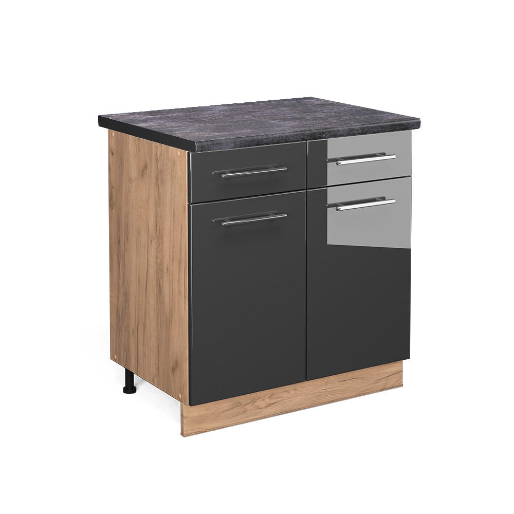 KÜCHENUNTERSCHRANK Fame-Line Anthrazit Hochglanz 80 cm, AP Anthrazit - Anthrazit/Eiche Wotan, Holzwerkstoff (80/82/60cm) - Vicco