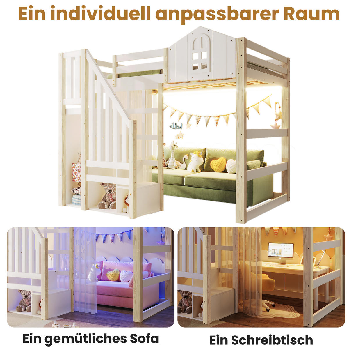 HOCHBETT 140/200 cm in Weiß/Natur mit LED-Beleuchtung und Ablageleiter - Weiß, Holzwerkstoff (140/200cm) - Flora Grace