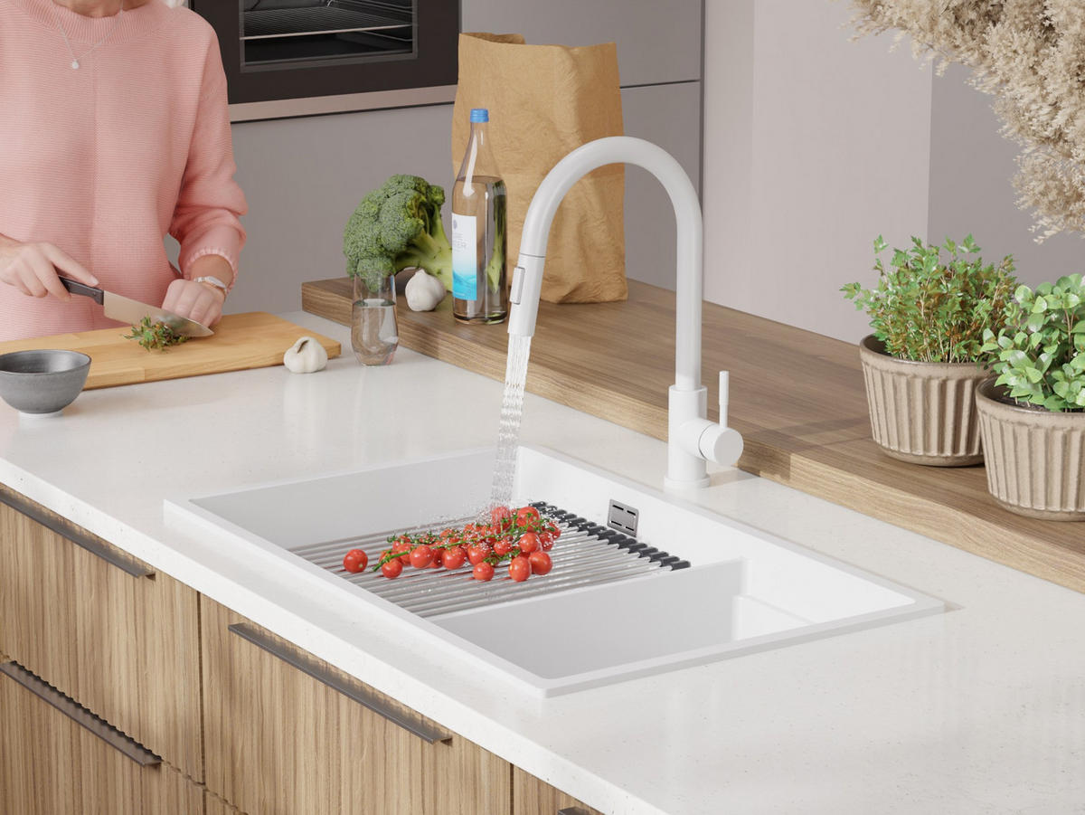 SPÜLBECKEN Praga Slim Duo, 2-er set Weiß 76/47 cm 2 Becken + Ablauf-Set + Aufrollbare Abtropffläche ab 80er Unterschrank - Chromfarben/Weiß, Kunststoff (76/20/47cm) - Primagran