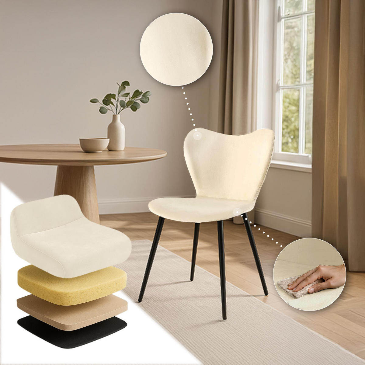 ESSZIMMERSTUHL Samt Creme - Creme/Schwarz, Textil/Metall (50/80/58cm) - CLP