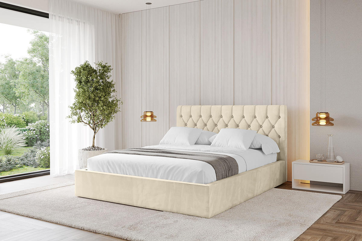 POLSTERBETT mit Bettkasten und Lattenrost, Bett mit Matratze H3/H4 - RENO 160x200 Beige - Ecru, Holzwerkstoff/Textil (160/200cm) - ALTDECOR