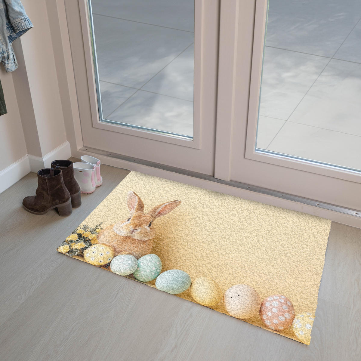 FUSSMATTE Eier - Kaninchen - Pastellfarbtöne 90x60 cm - Hellgelb, Kunststoff (60/90cm) - MuchoWow