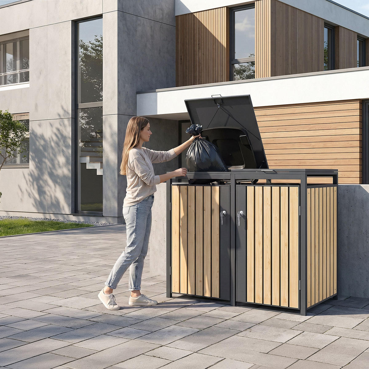 MÜLLTONNENBOX 2er Anthrazit-Lärchenoptik - Naturfarben, Metall (132/120/80cm) - ML-DESIGN