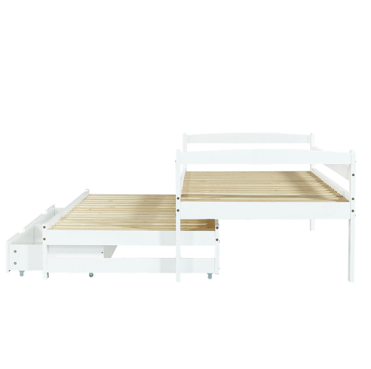 DNEVNI krevet od masivne borovine i MDF-a 90x200 cm bijela s izvlačnim ležajem, 2 ladice i ogradom - bijela, drvni materijal (90/200cm) - Modfu