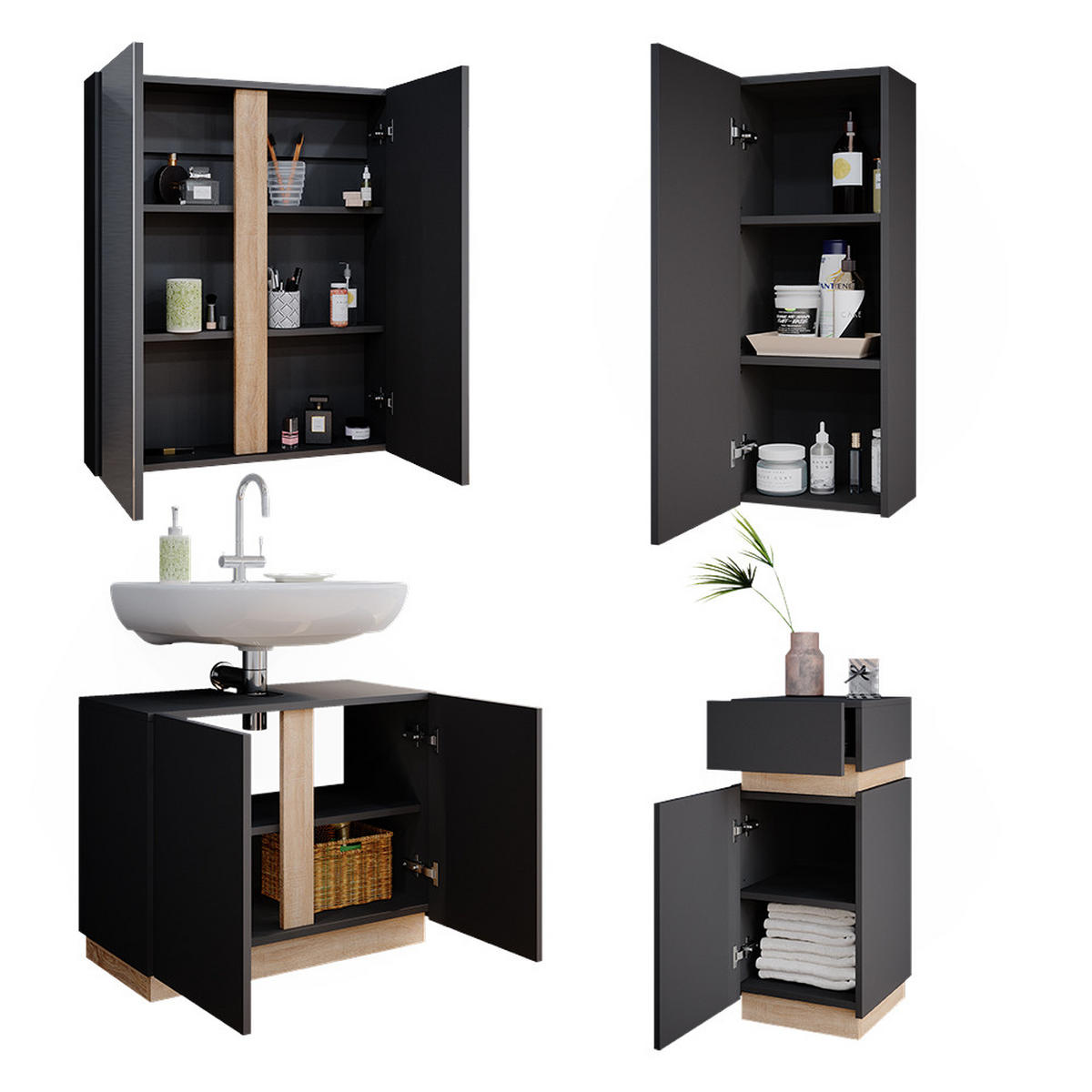 BADMÖBEL-SET Gloria Anthrazit 4 Teile - Anthrazit/Sonoma Eiche, Holzwerkstoff (70/55/34cm) - Vicco