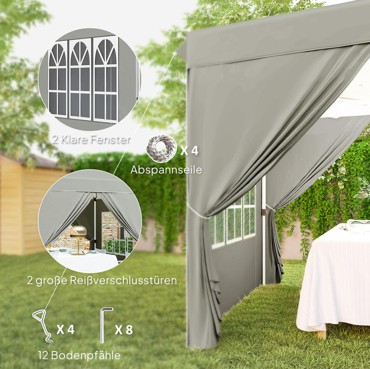 PAVILLON 248/248/270 cm faltbar mit Pop-up-Mechanismus, UV-Schutz und höhenverstellbarem Gestell, Hellgrau - Hellgrau, Textil (248/270/248cm) - Redom