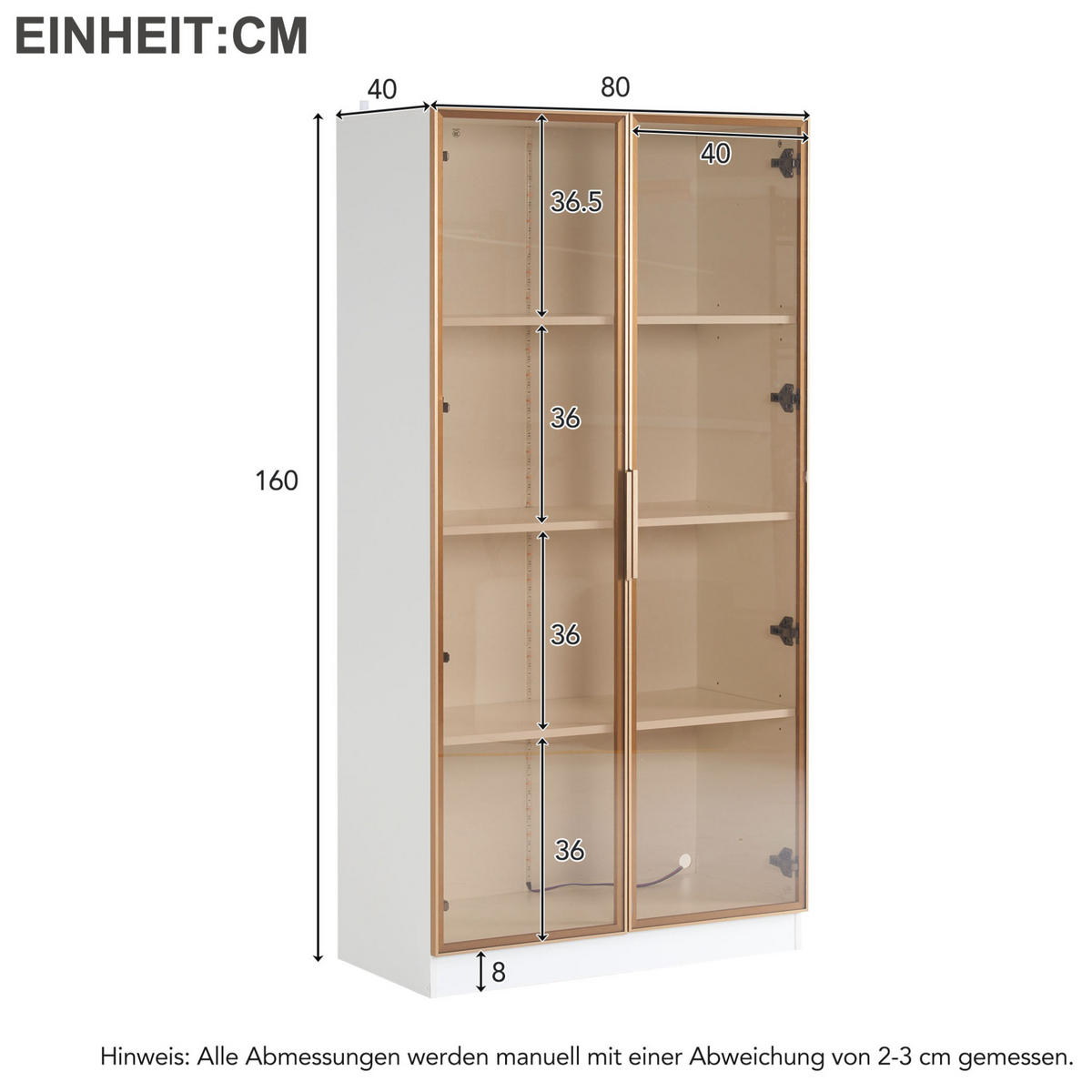VITRINEN-SET 160/40/160 cm in Weiß mit LED-Beleuchtung und verstellbaren Böden - Weiß, Holzwerkstoff (160/160/40cm) - Flora Grace