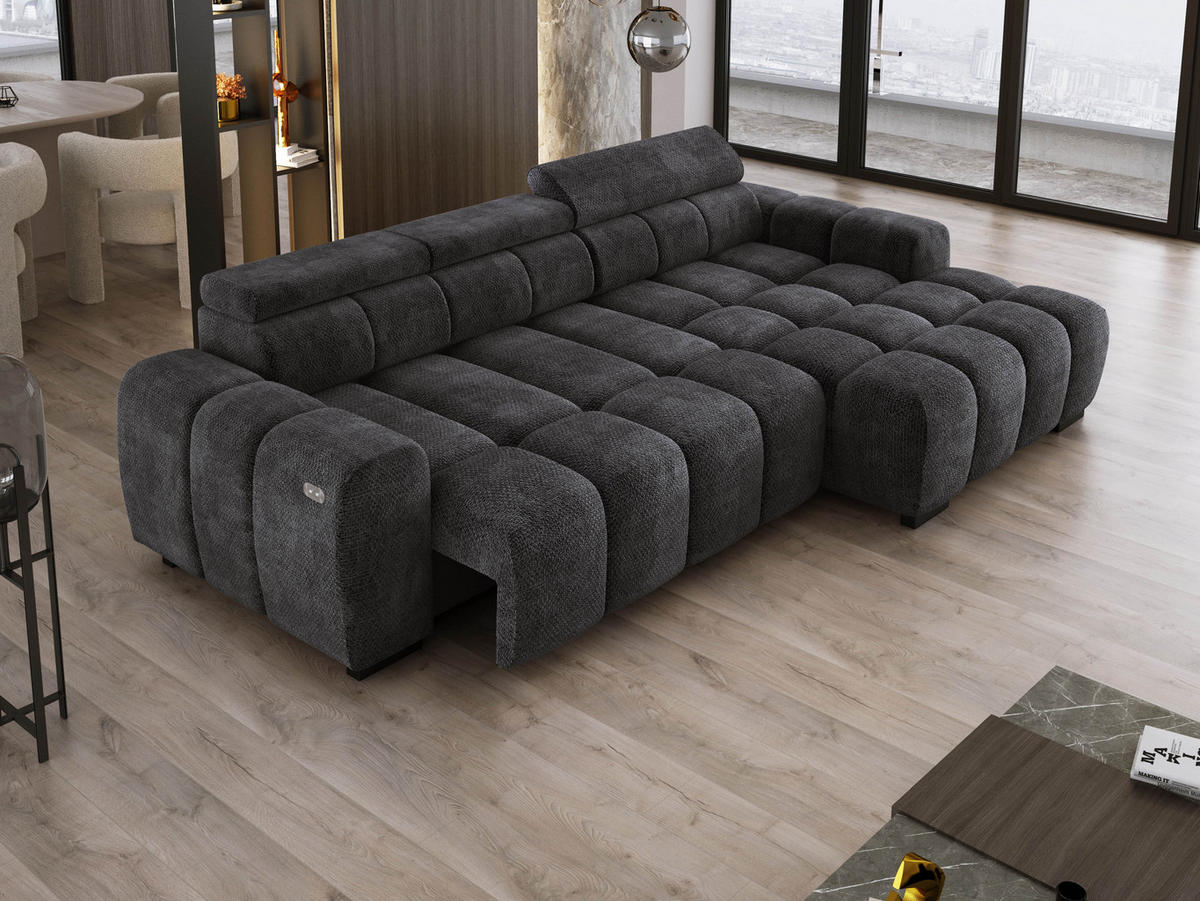 ECKSOFA OMBO 285x168x77/97 cm, Rechts, Schlaffunktion, elektr. Sitz, Kopfstützen, hydrophober EDEN-Stoff – Schwarz - Schwarz, Holz/Textil (285/168cm) - DomoHome