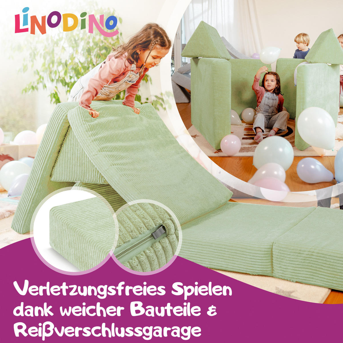 KINDERSOFA Spielparadies - Hellgrün, Textil (66/52/150cm) - Linodino