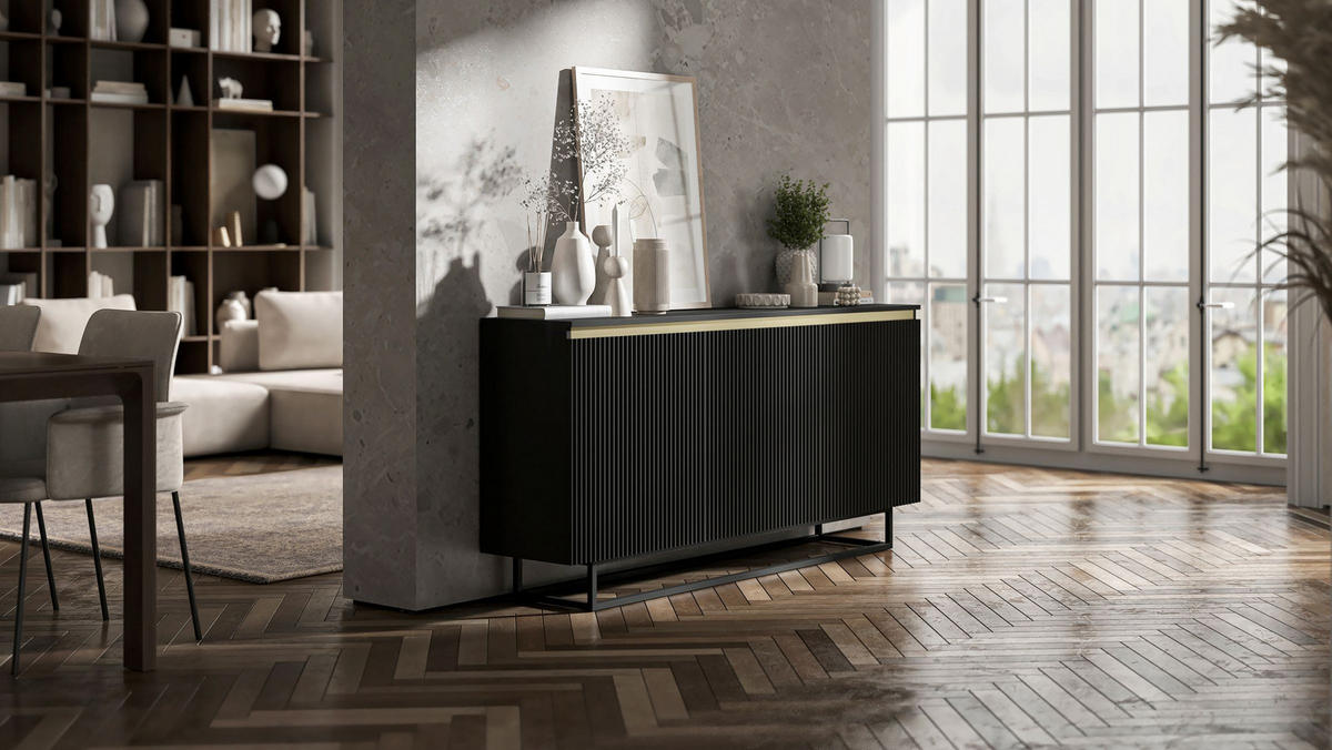 KOMMODE Selene 3D Schwarz Matt mit metallrahmen Glamour 167 cm - Schwarz, Holzwerkstoff/Metall (167/79/35cm) - Meble Lindner