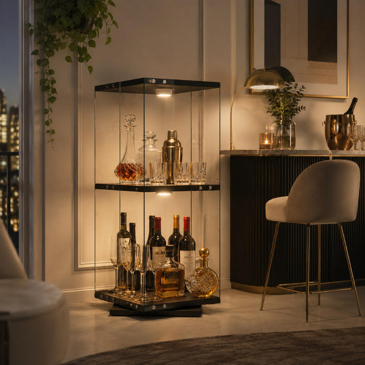 DREHVITRINE 360° mit RGB LED, 2 Ebenen, Glasvitrine schwarz für Deko - Schwarz, Glas (38/82/38cm) - SHOPENTRA