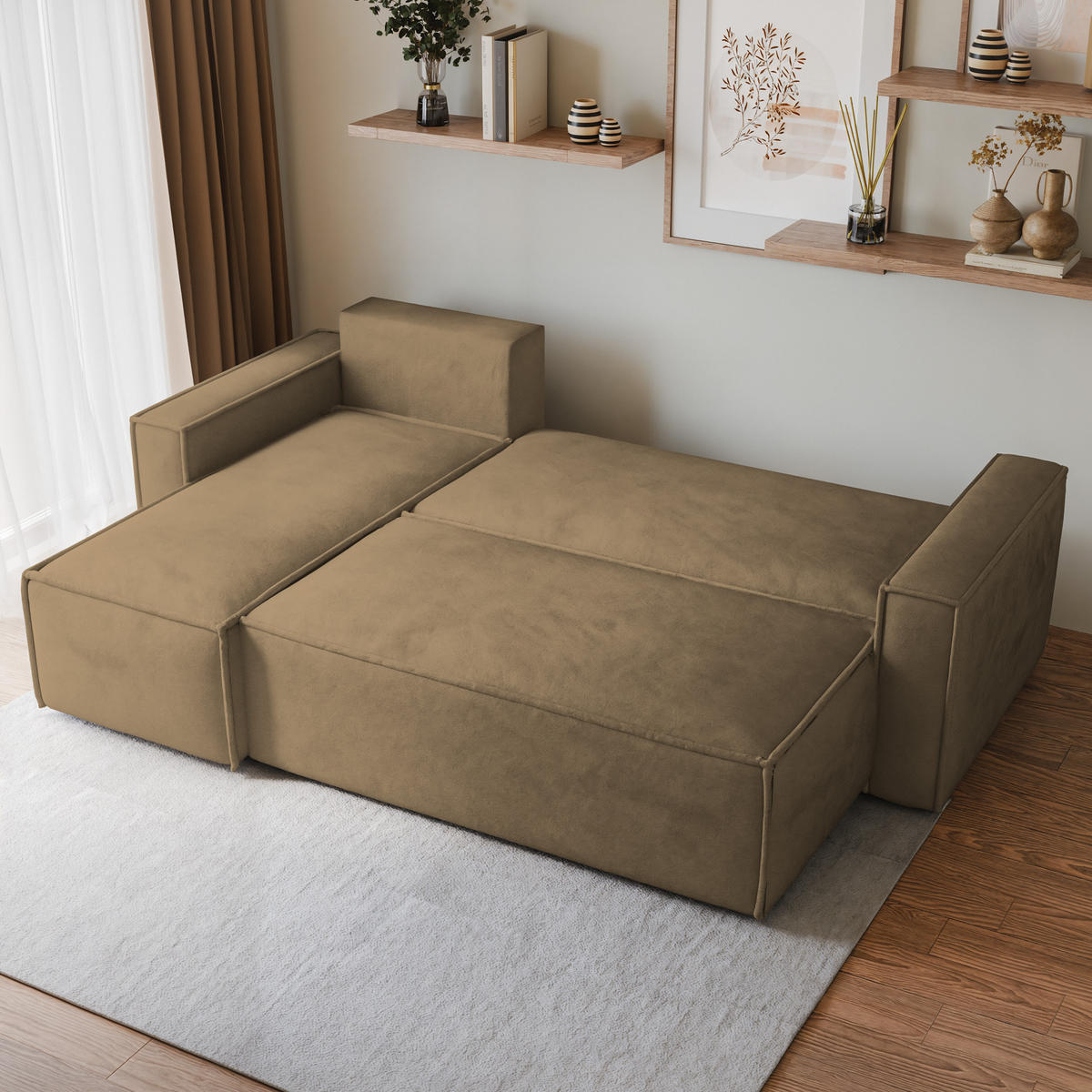 ECKSOFA RAVELO M Beige Velours-Stoff mit Schlaffunktion - Beige, Holz (240/140cm) - MASSENO