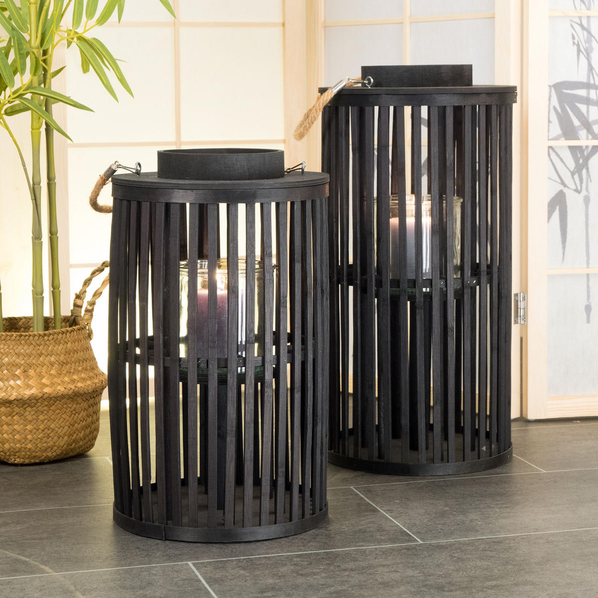 LATERNE Midnight 50 Bambus, mit Windlicht-Glaseinsatz schwarz - Schwarz, Holz (25/50/25cm) - CREEDWOOD