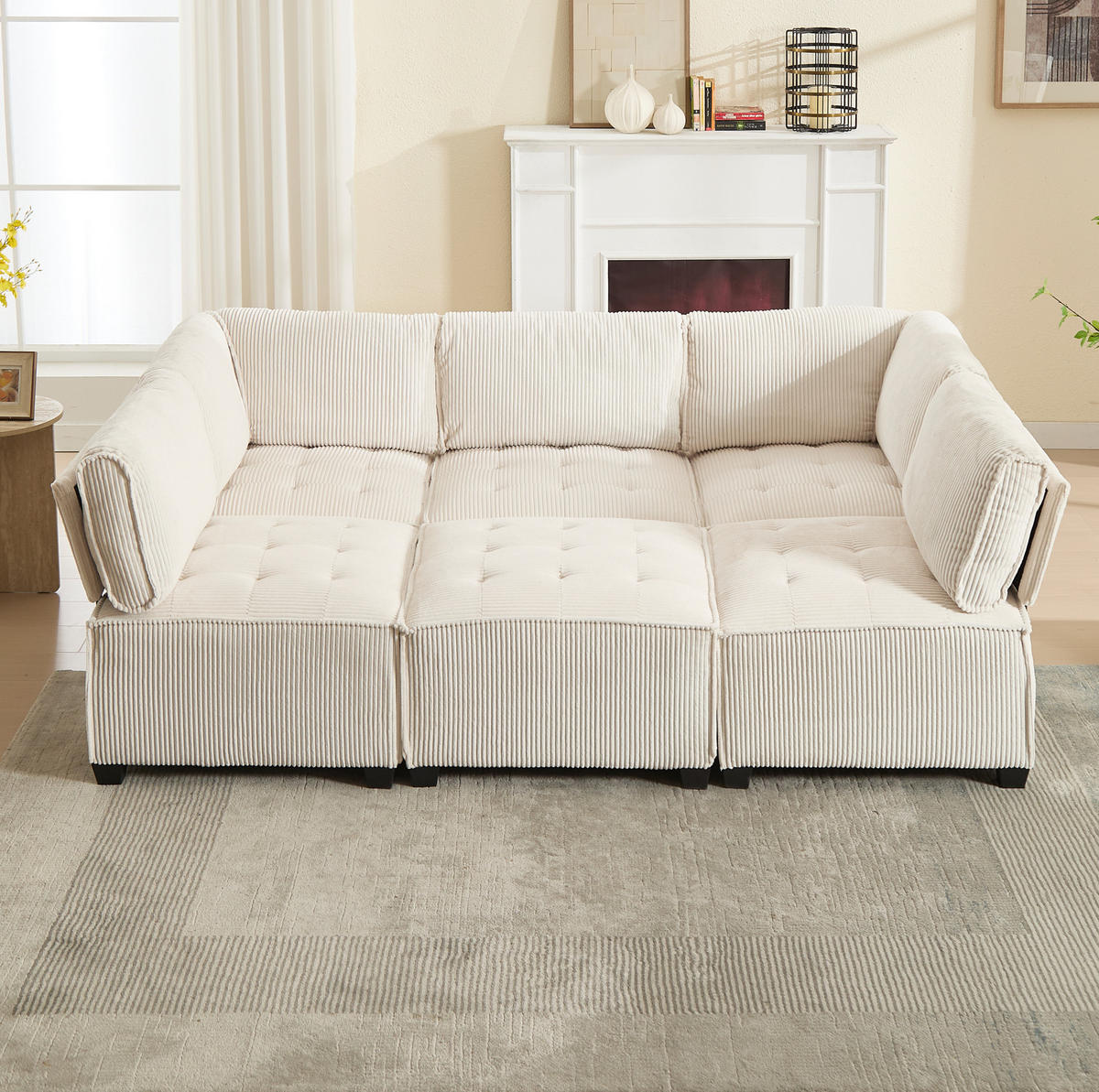 SOFA modular 308 x 154 cm Cord Beige 6-Sitzer - Beige, Kunststoff (154/82/308cm) - Meubliv