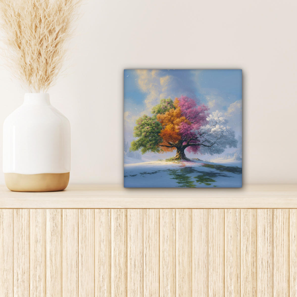 LEINWANDBILD Baum - Jahreszeiten - Winter - Landschaft Deko Wohnzimmer 20x20 cm - Multicolor, Textil (20/20cm) - MuchoWow