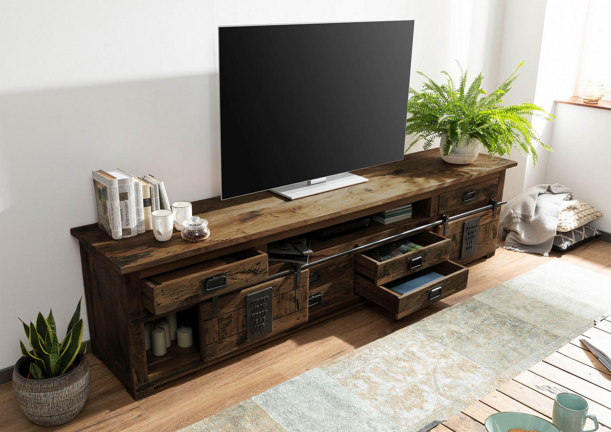TV-BOARD Mango 240x50x60 braun lackiert RAILWAY #456 - Braun, Holz (240/60/50cm) - Massivmoebel24