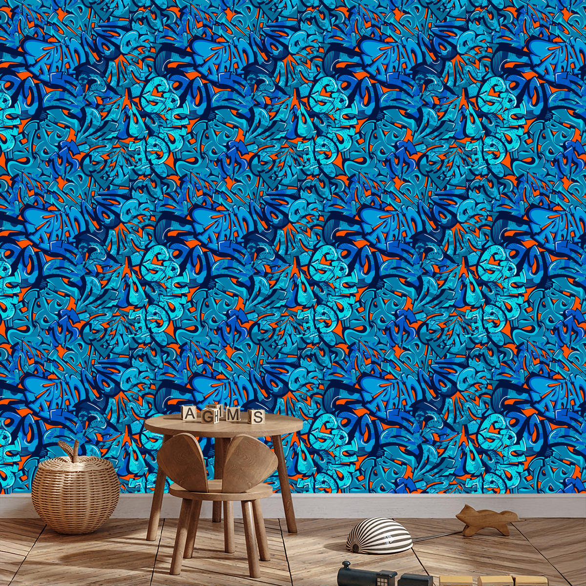 VLIESTAPETE Modernes Graffiti – Blau, Orange – 50x1000 cm - Blau/Orange, Papier (50/1000cm) - Muralo