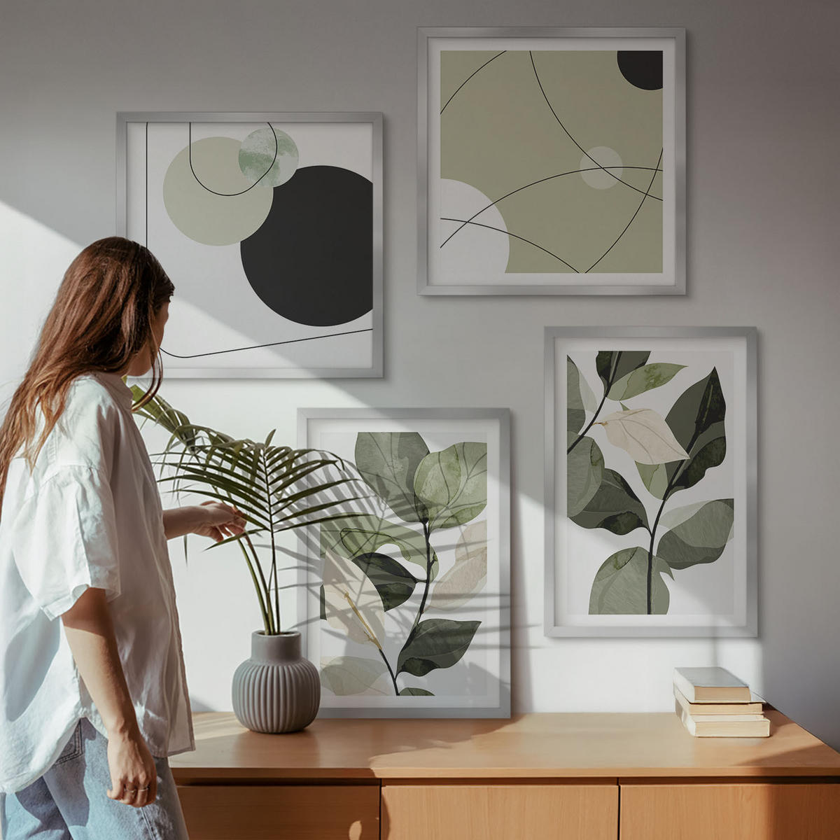 BILDER SET 4er Set - 50x50 cm & 40x60 cm Silberner Rahmen - Abstrakte Darstellung gemalter Blätter - Silberfarben, Kunststoff (50/50cm) - TULUP